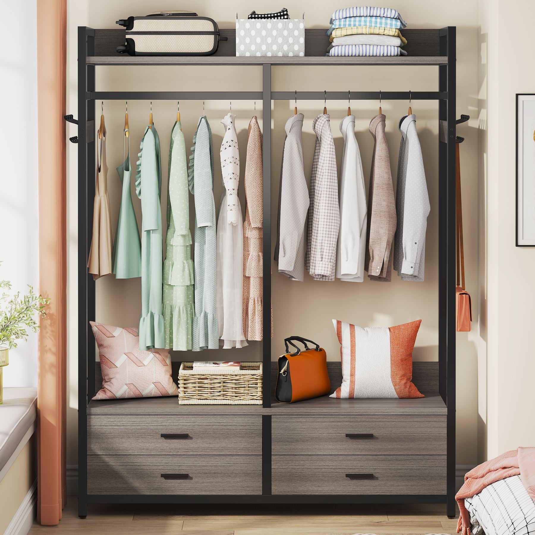 Freestanding Closet Organizer, Garment Rack with Drawers & Shelves