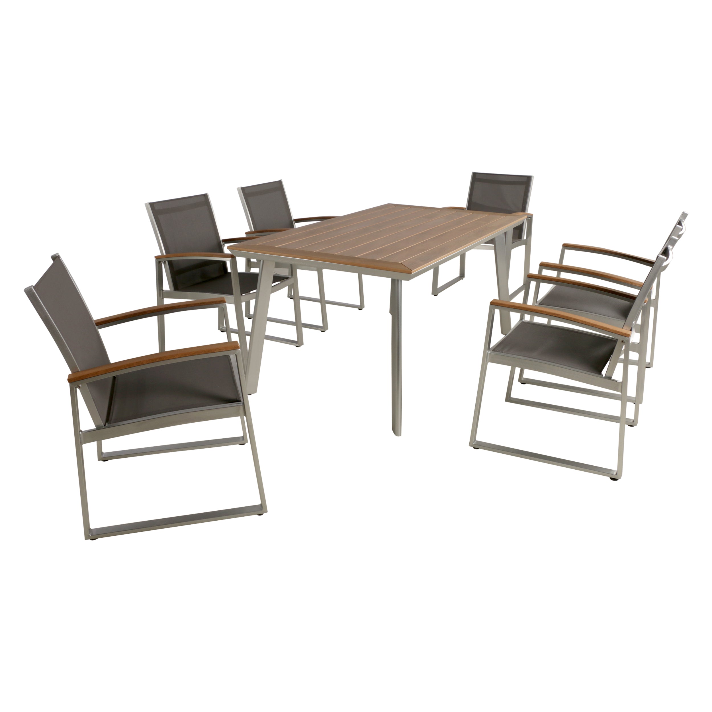 Tabby Outdoor Aluminum 7-Piece Dining Set with Mesh Chairs and Faux Wood Top