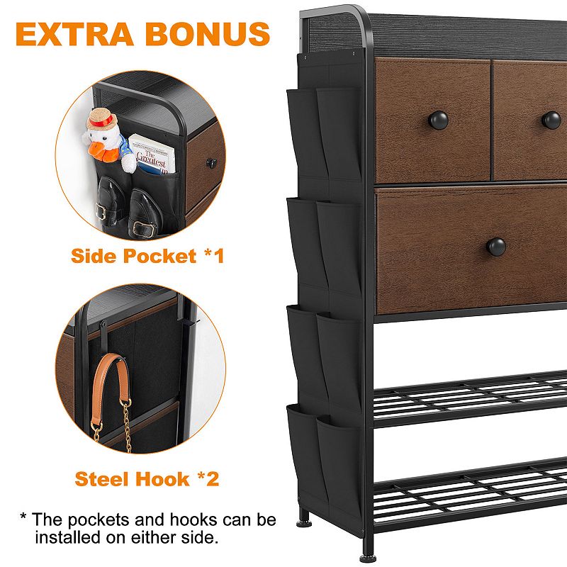 REAHOME 6 Fabric Drawer Dresser with 2 Tier Storage Shelf and Pockets， Espresso