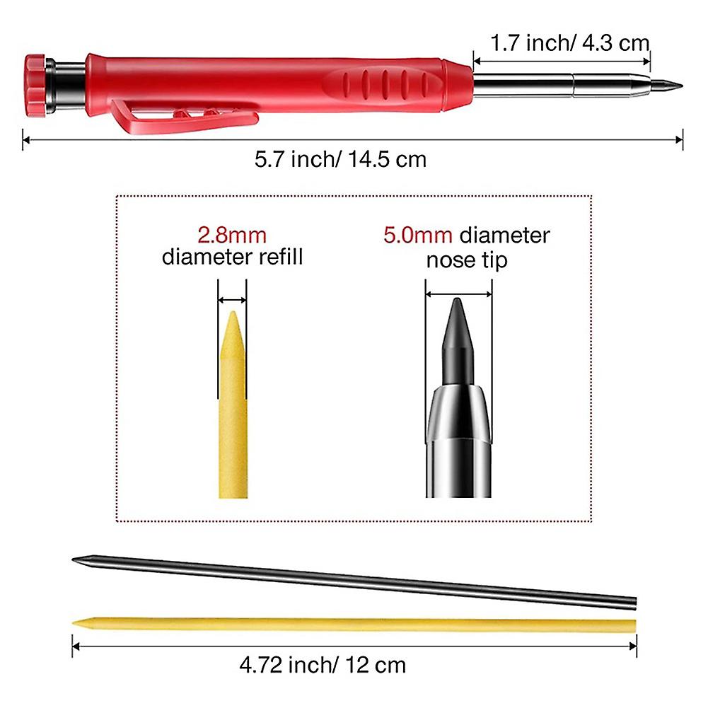 1pc Red Solid Carpenter Pencil Built-in Sharpener Deep Hole Marker Pen Carpenter Marking Tool 6 Black Yellow Refill Leads