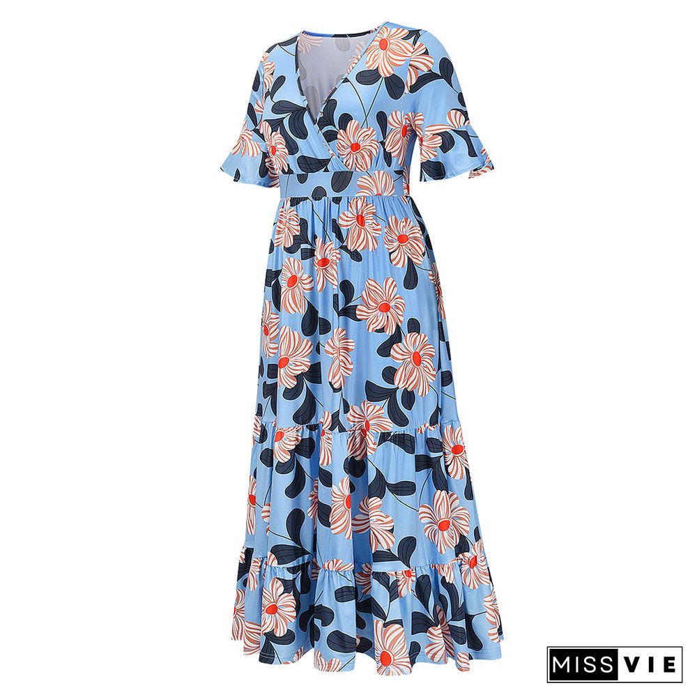 Cross V Neck Short Sleeve High Waist Floral Maxi Dress