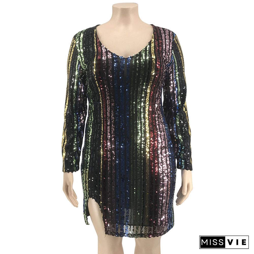 Fashion Sequin V Neck Nightclub Plus Size Dress