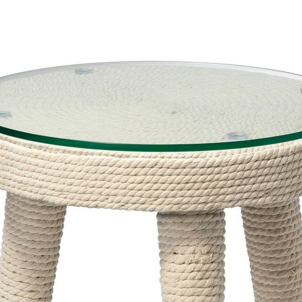 20 Inch Modern Side End Table， Woven Rope， Wood Splayed Legs， White Finish