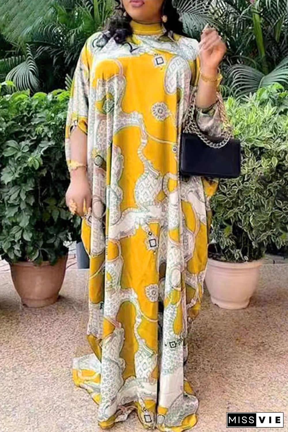 Green Casual Print Patchwork Half A Turtleneck Long Dress Dresses