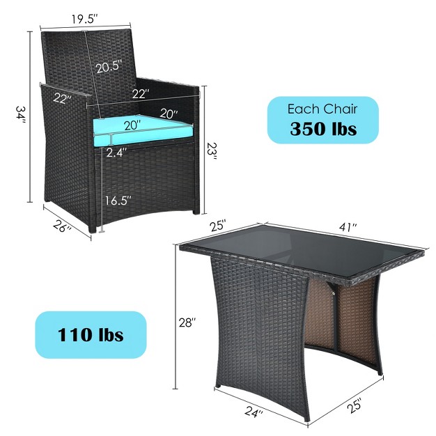 Tangkula 3pcs Patio Rattan Dining Set Space saving Furniture Set With Tempered Glass Top Table And Cushioned Chairs