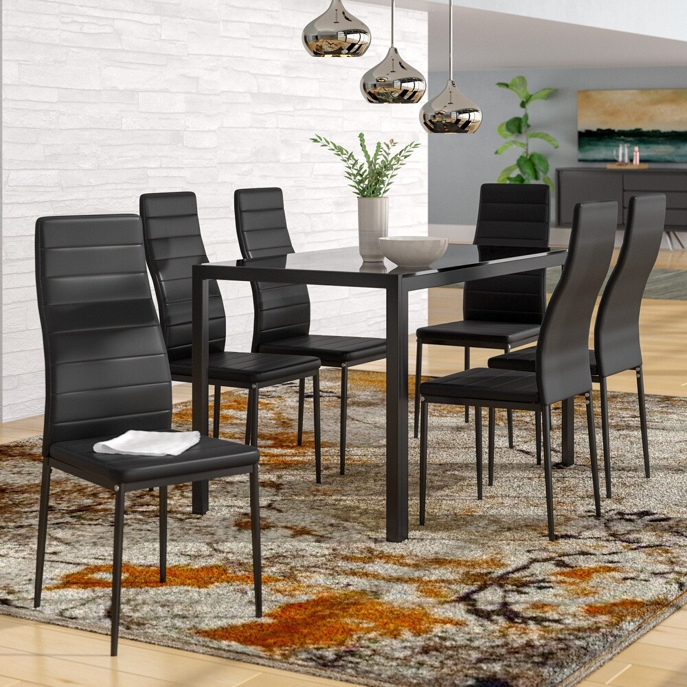 7 Piece Modern Glass Dining Set for 6 with Faux Leather Chairs