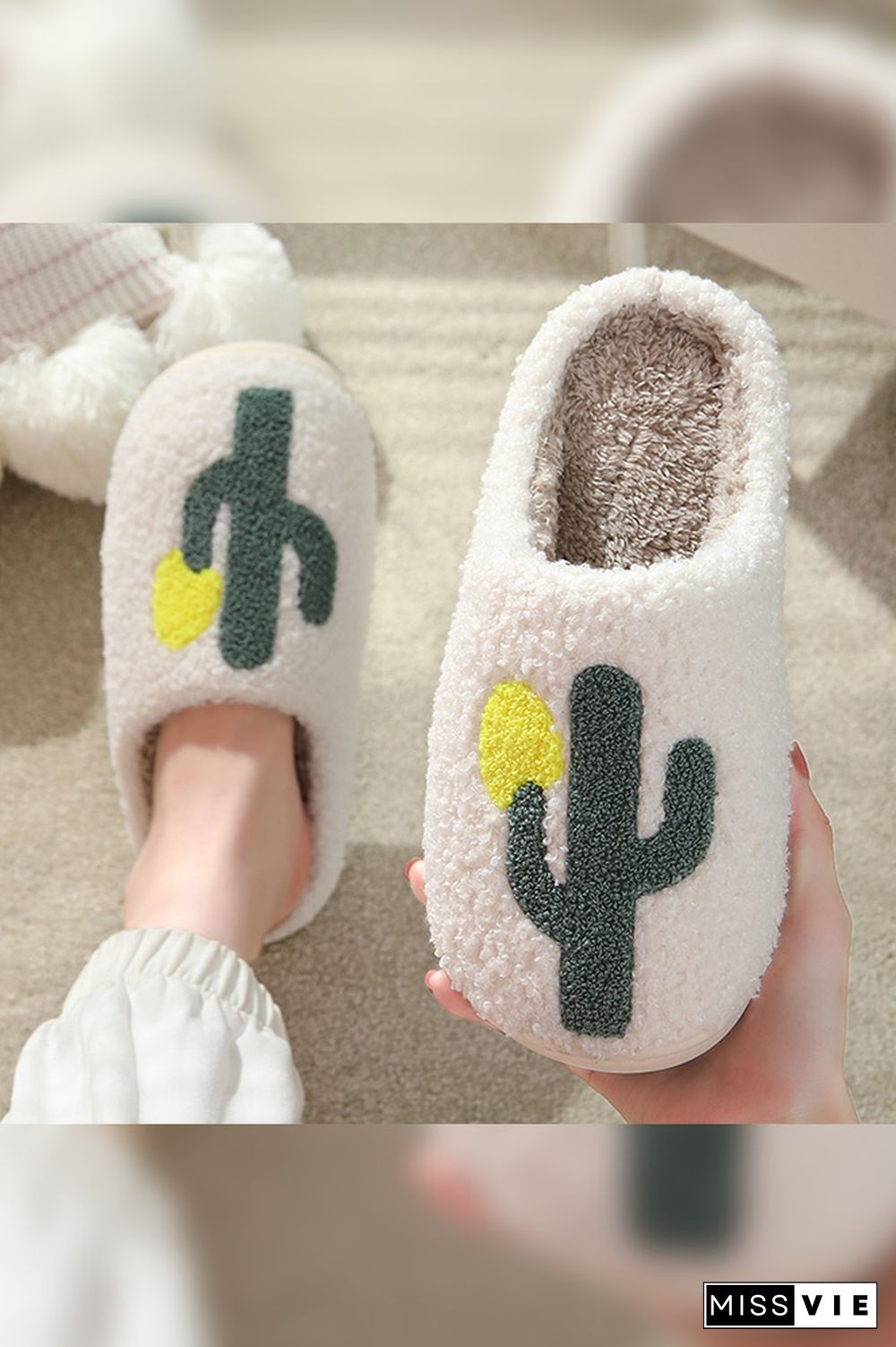 Cactus Knit Fluffy Slippers