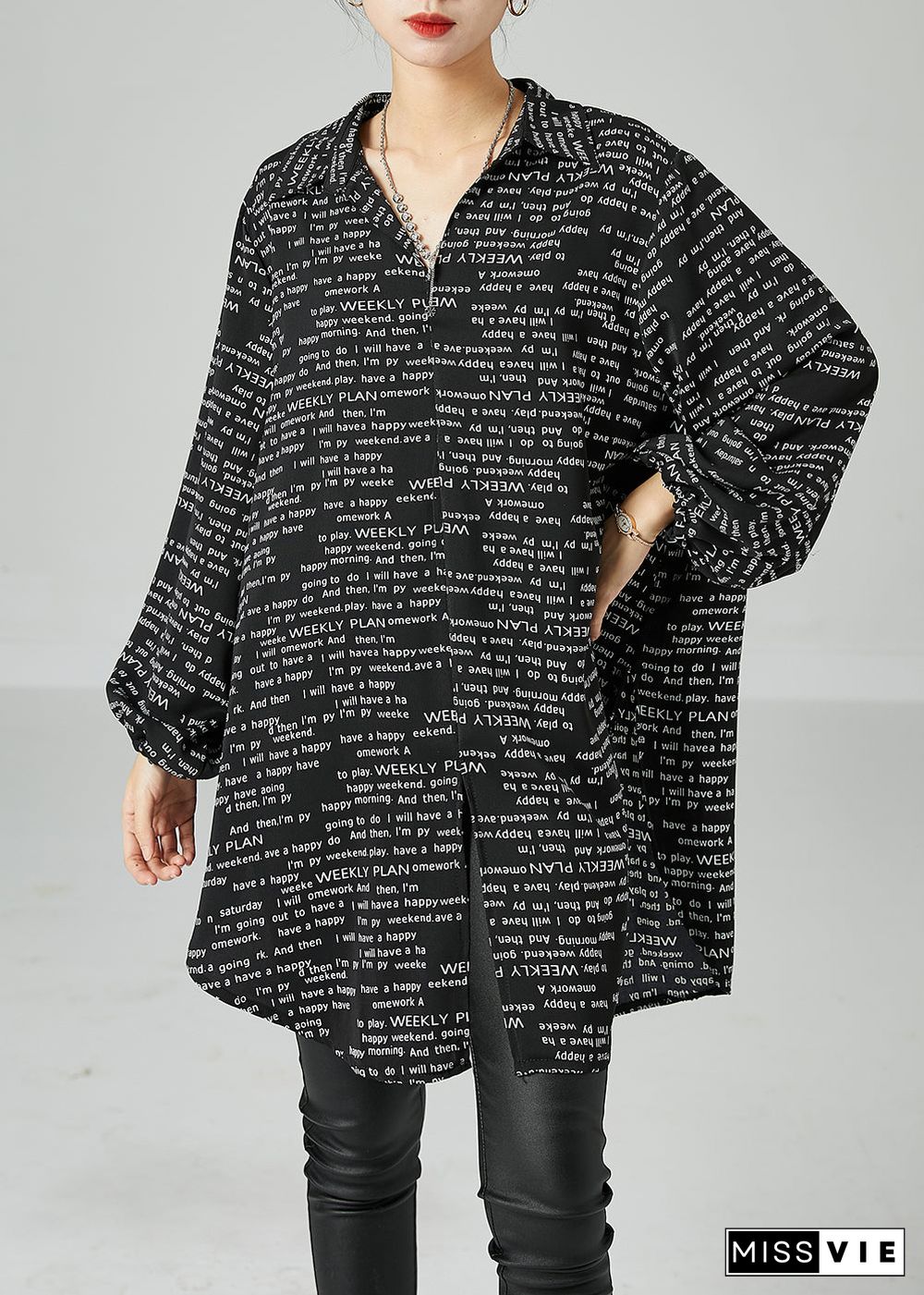 French Black Oversized Letter Print Chiffon Shirt Dress Spring