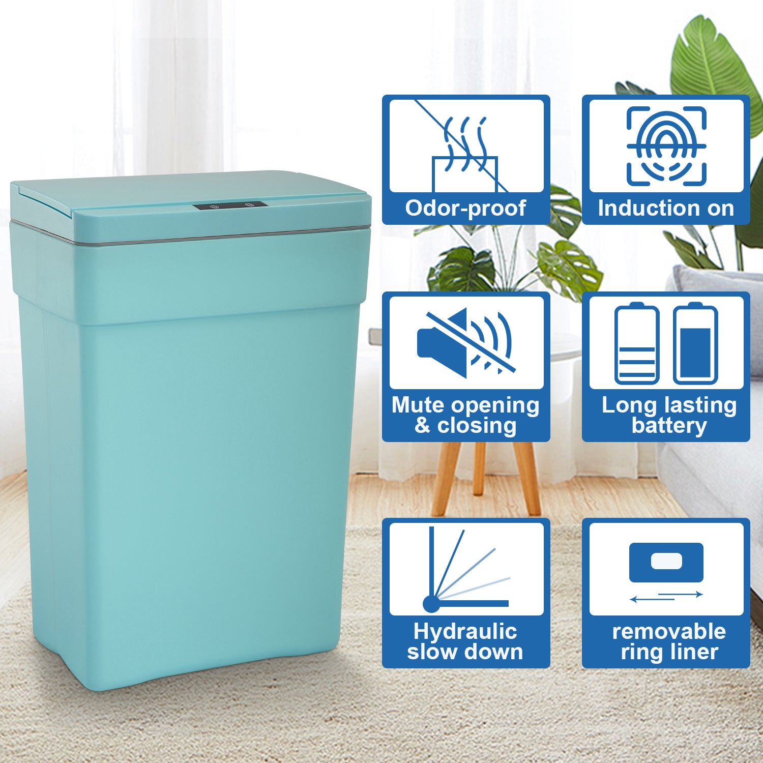 Furinno Smart Trash Can with Automatic Touch Free Lid， 13 Gallon / 50 Liter， Set of 2， Blue