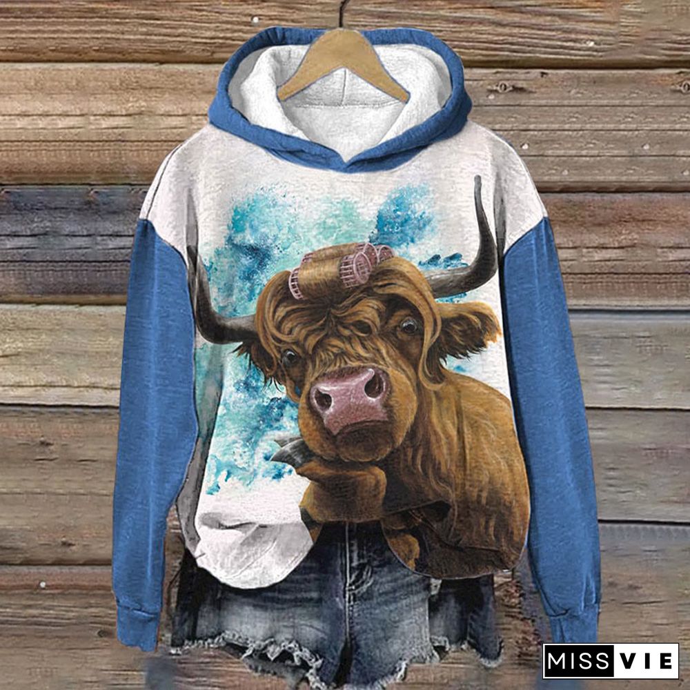 Women's Highland Cow Print Casual Hooded Sweatshirt