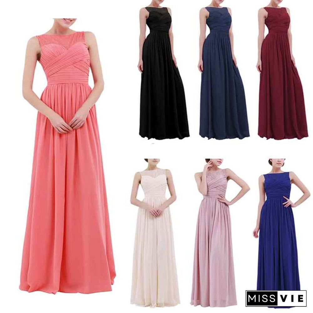 Women Chiffon Full Length Bridesmaid Wedding Evening Cocktail Dress Lace Sleeveless Dress US 4-16