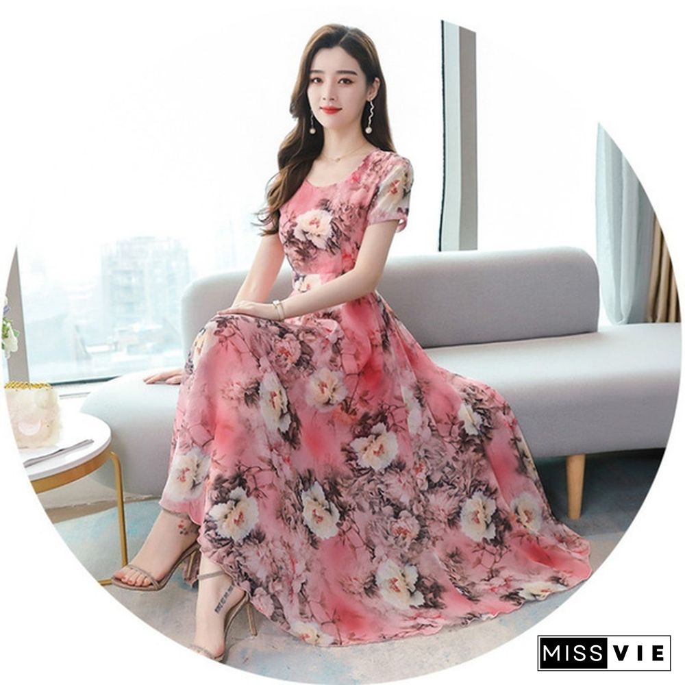 Ice Silk Long Skirt Summer Temperament Flower Long Skirt Retro Elegant Dress