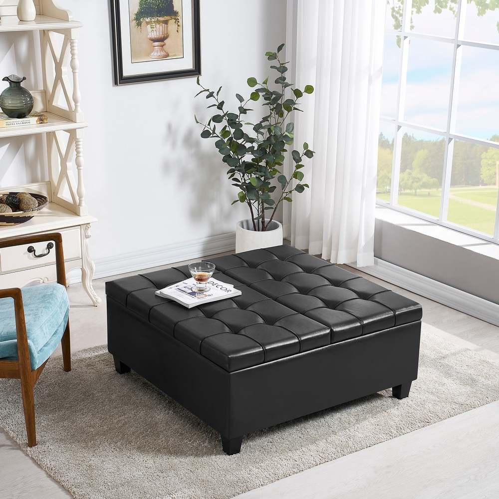 Simple Coffee Table Faux Leather Folding Storage Ottoman Bench Padded Seat with Rubberwood Legs for Lounge Living Room