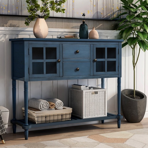 Farmhouse Double Door Console Table With Bottom Shelf And Drawers modernluxe