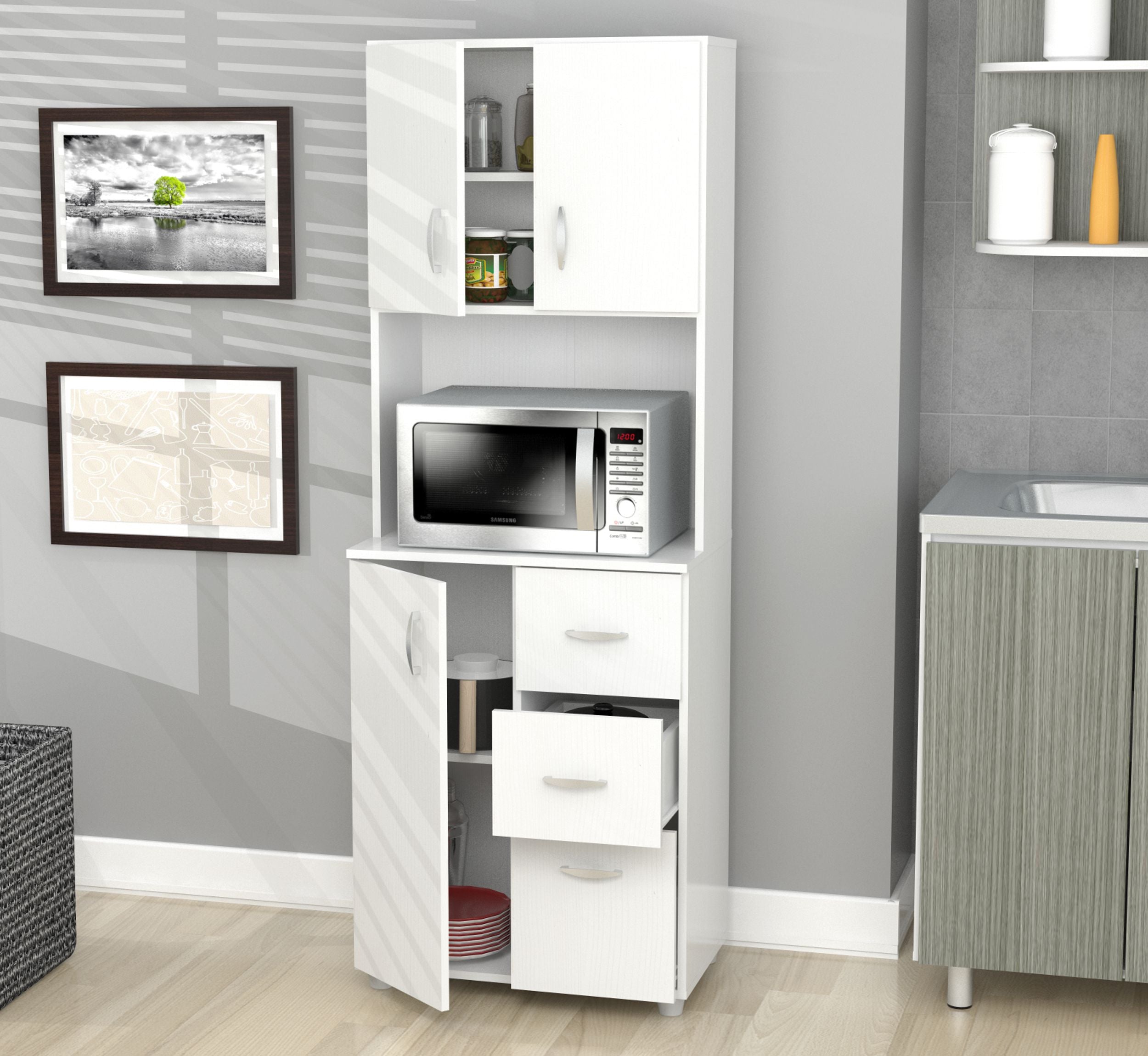 66.1 White Melamine and Engineered Wood Kitchen Storage Cabinet