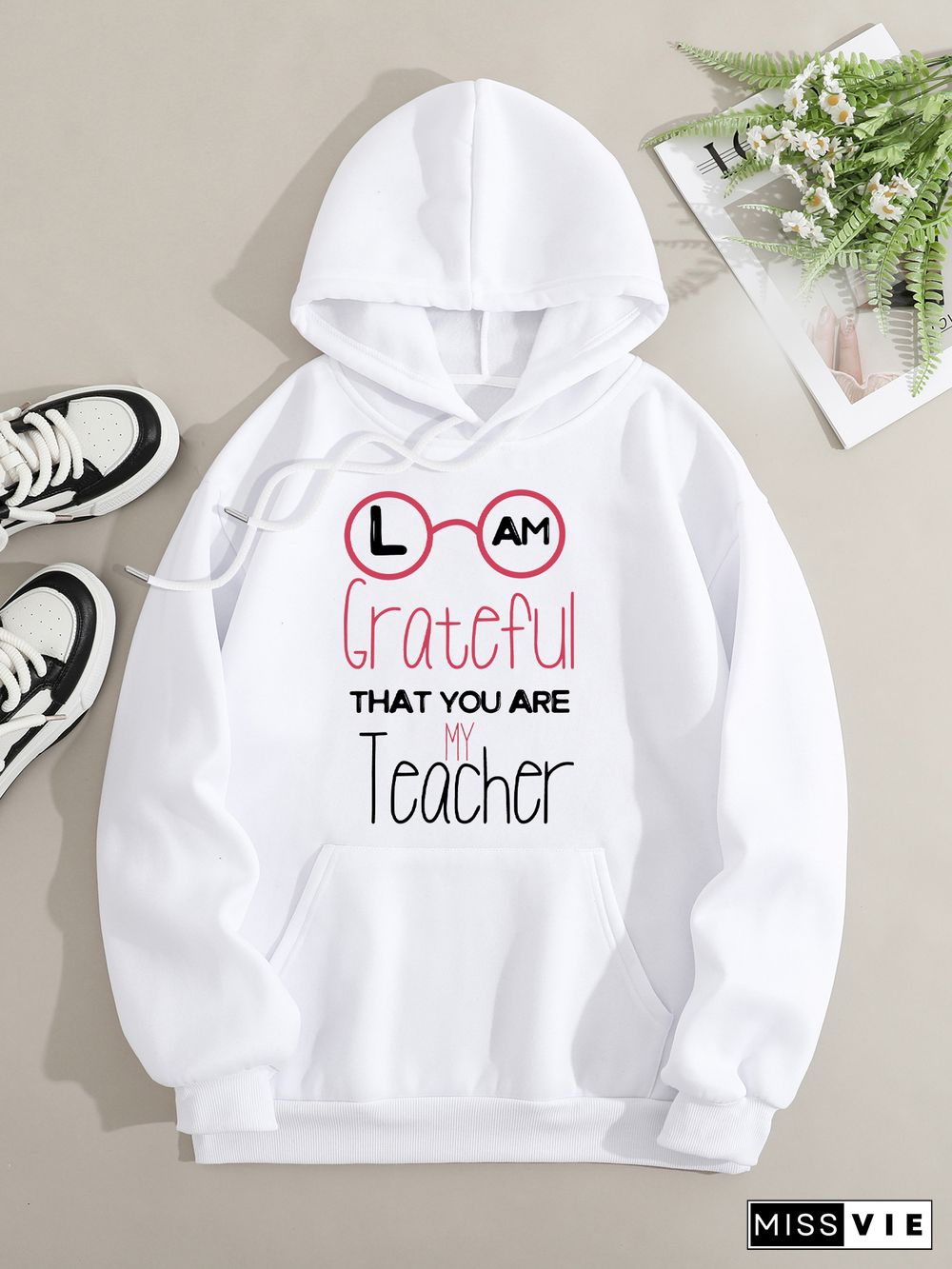 Printed on front Kangaroo Pocket Hoodie Long Sleeve for Women Pattern Teacher's Day greetings