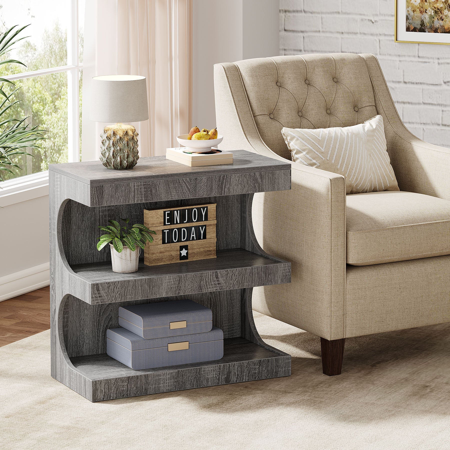 3-Tier End Table, Wood Side Table Storage Nightstand