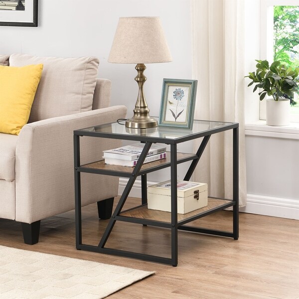 3-Tier Storage Side Table Modern Square End Table with Metal Frame Sofa Table for Couch， Bedroom， Living Room，Office