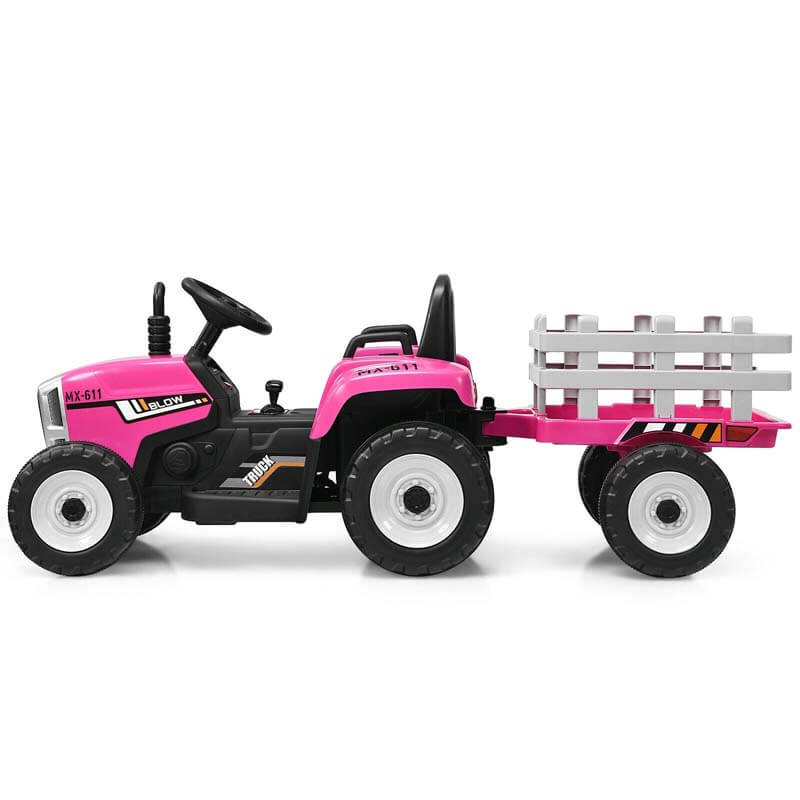 Kids Ride on Tractor w/Trailer 12V Battery Powered Electric Riding Toy Car Vehicle with 3-Gear-Shift Ground Loader