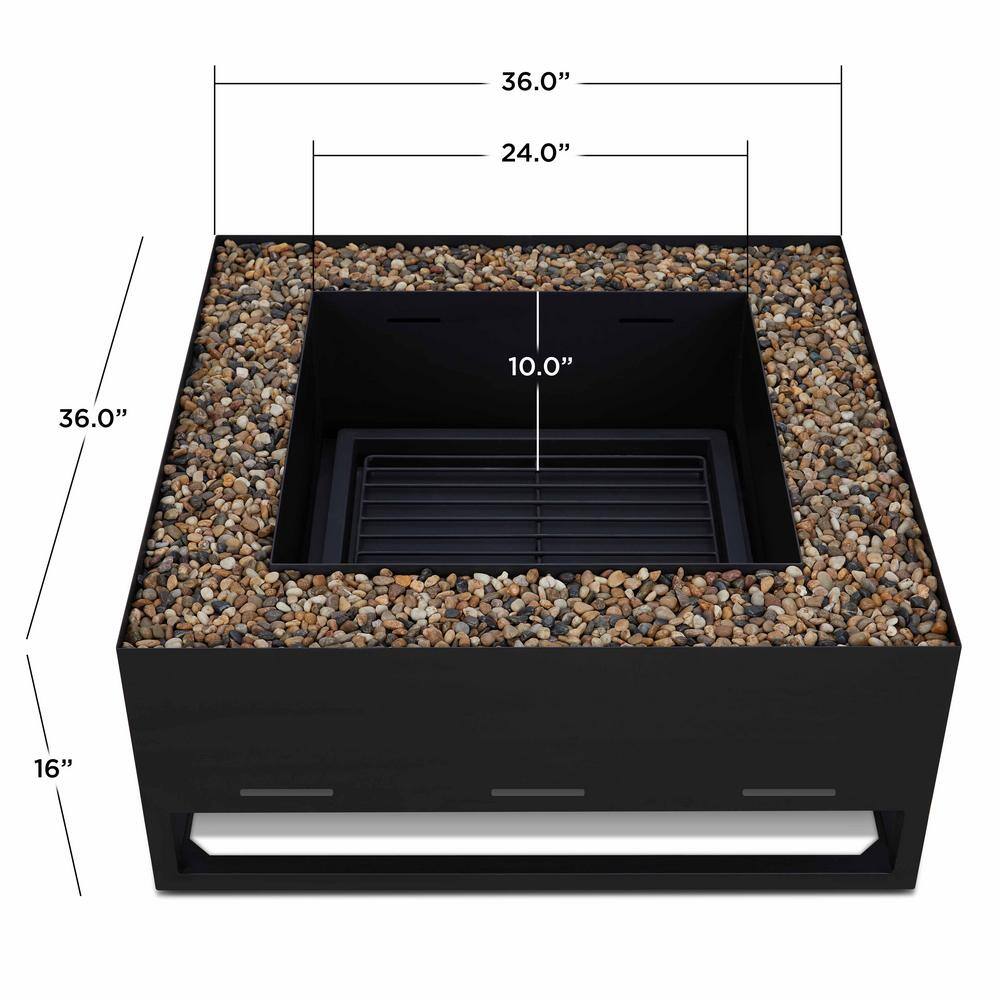 Real Flame Trey 36 in. W x 36 in. L Outdoor Square Powder Coated Steel Wood-Burning Fire Pit in Black with Decorative Pebbles 965-BLK