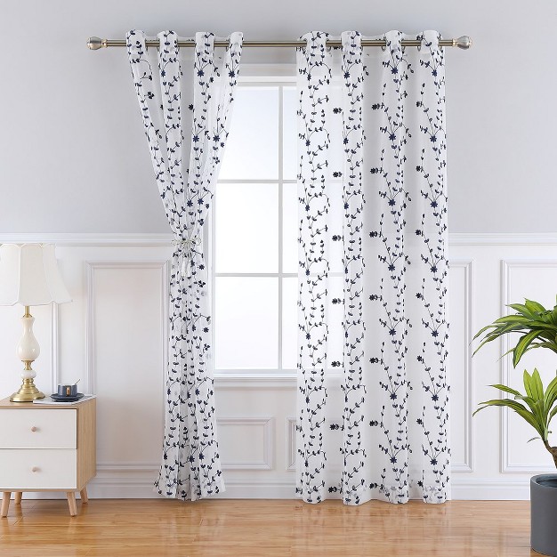 Trinity Embroidered Floral Sheer Curtains Grommet Voile Drapes For Living Room 2 Panels