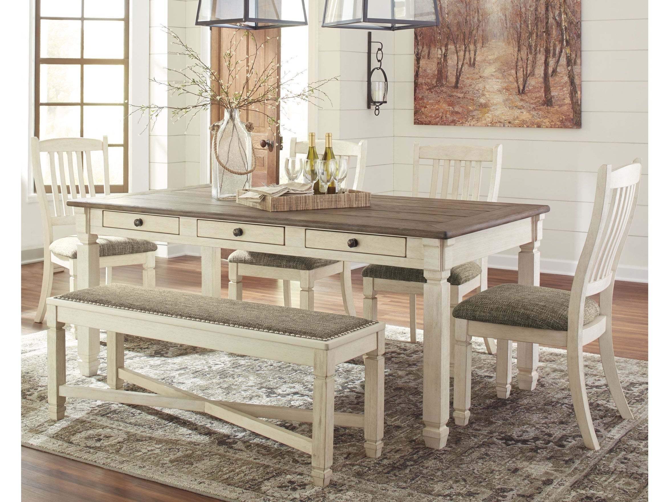 (Online Special Price) Bolanburg White Dining Table with 4 Chairs and Bench