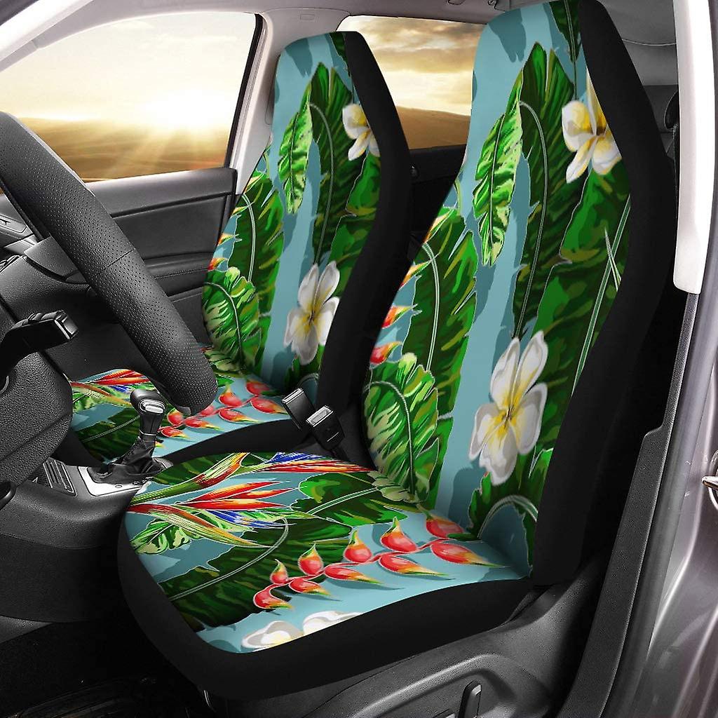 Set Of 2 Car Seat Covers Green Abstract Tropical Flowers Strelicia Plumeria And Banana Leaf Universal Auto Front Seats Protector Fits