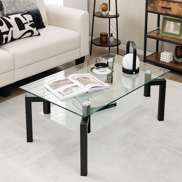 Gymax Glass Coffee Table 2-Tier Tempered Accent Table w/ Metal Tube