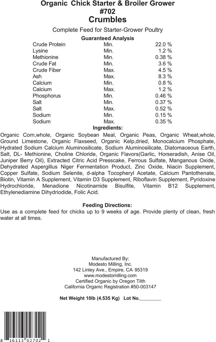 Modesto Milling Organic Chick Starter-Grower Chicken Food， 10-lb bag