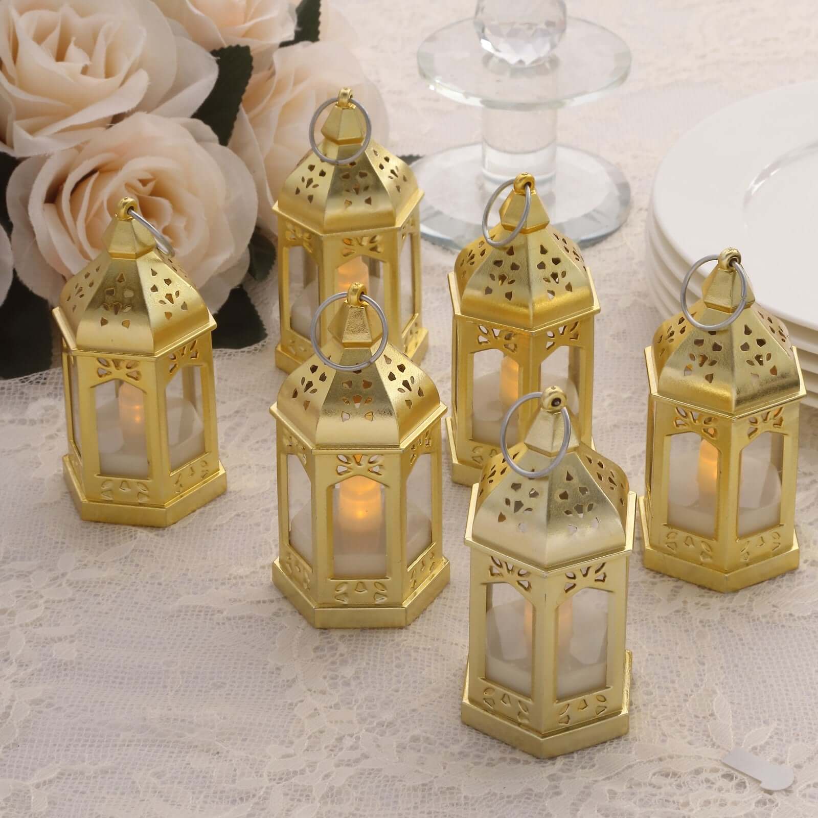 6 Pack Gold Vintage Mini Lantern with Flickering LED Tealight Candles, Moroccan Style Battery Operated Warm White Candle Lantern Lamp Centerpieces - 3.5