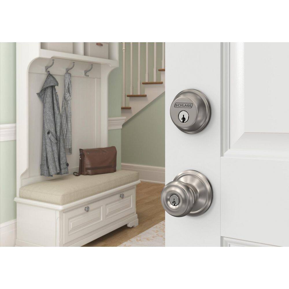 Schlage Georgian Satin Nickel Single Cylinder Deadbolt and Keyed Entry Door Knob Combo Pack FB50N V GEO 619