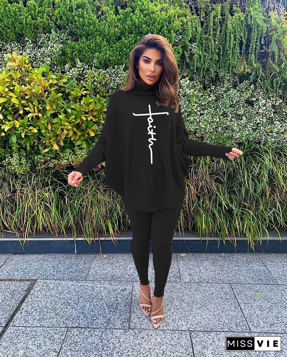 Letter Print Bat Sleeve Slit Long-sleeved Threaded Pants Suit