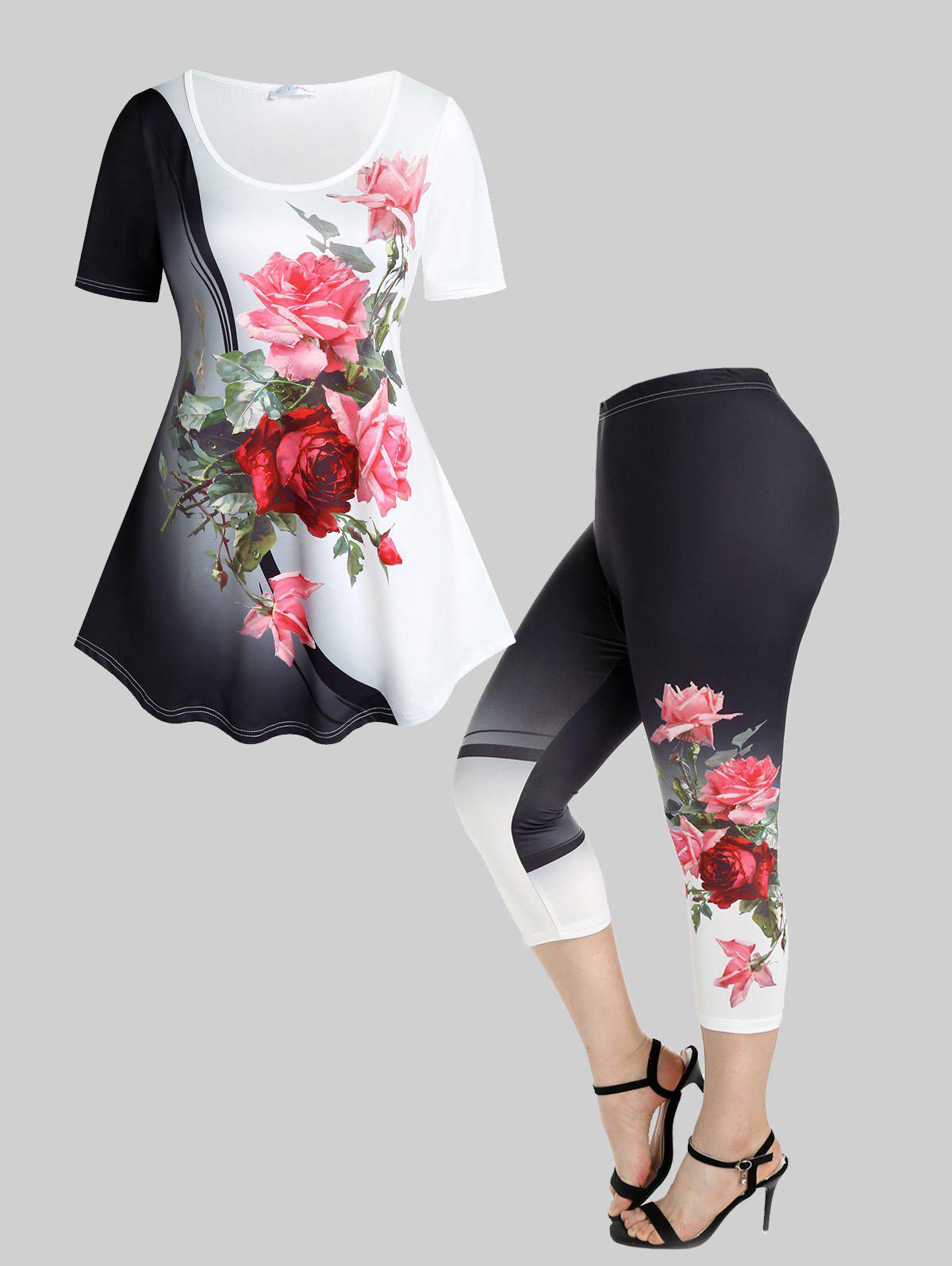 Rose Print Colorblock T-shirt and High Waist Rose Print Colorblock Capri Leggings Plus Size Summer Outfit