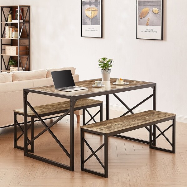 3-Piece Dining Set with Wood Table and 2 Benches