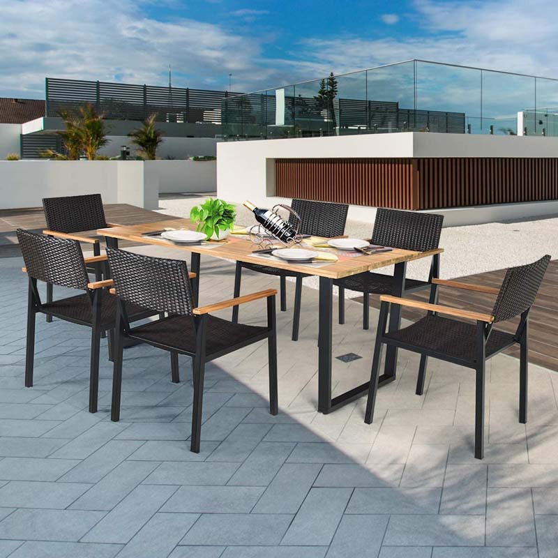 Canada Only - 7 Pcs Rattan Patio Dining Furniture Table Set with Wicker Chairs