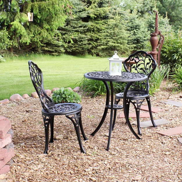 Sunnydaze Floral Design Cast Aluminum Outdoor Patio Bistro Set Black 3pc