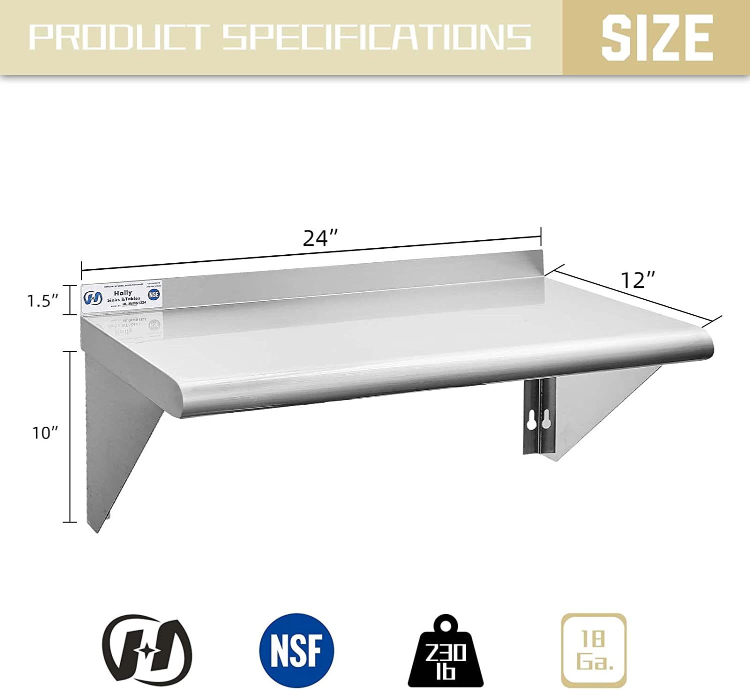 Stainless Steel Shelf 230 lb, NSF Commercial Wall Mount Floating Shelving for Restaurant, Kitchen, Home and Hotel