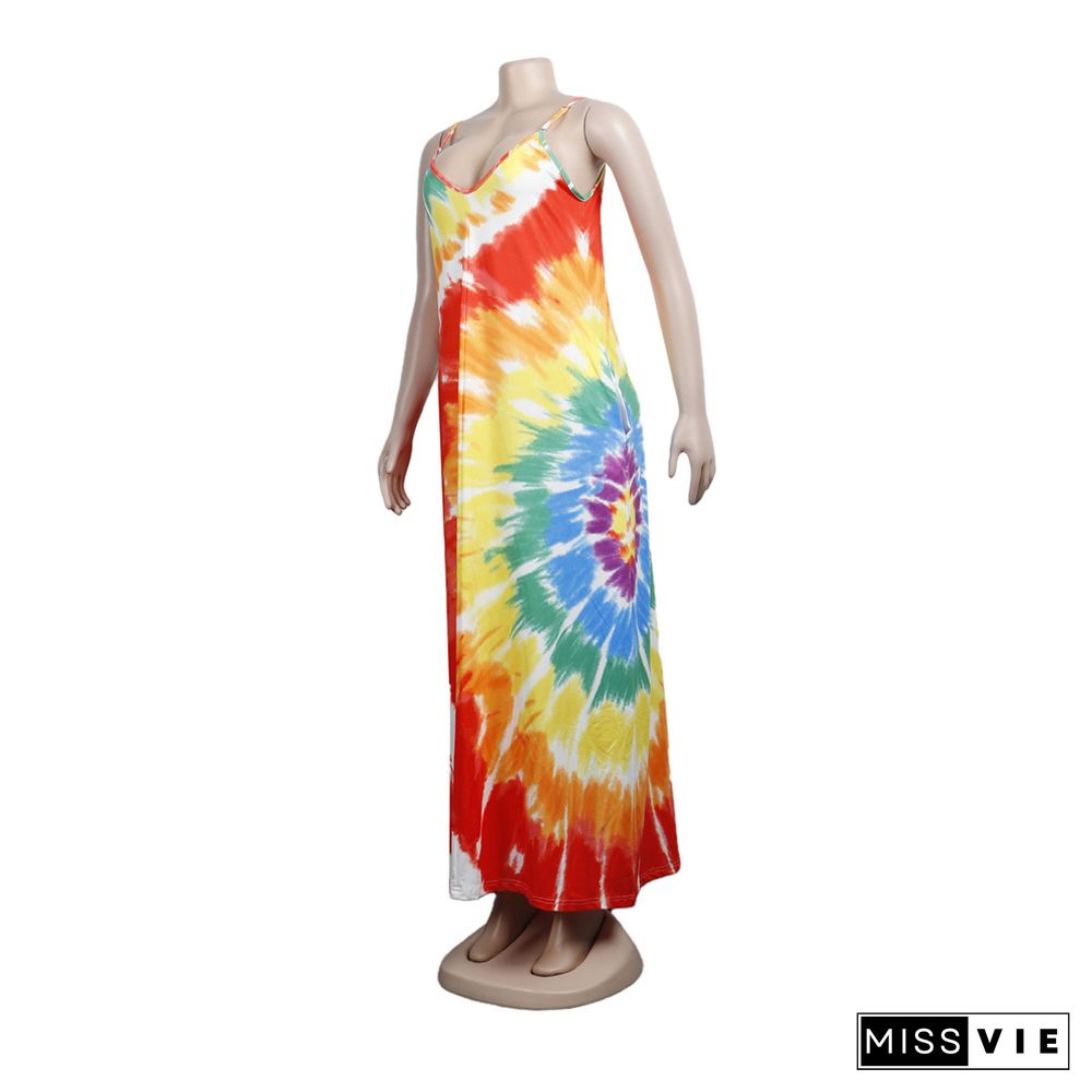 Tie Dye Print Loose Spaghetti Straps Maxi Dress