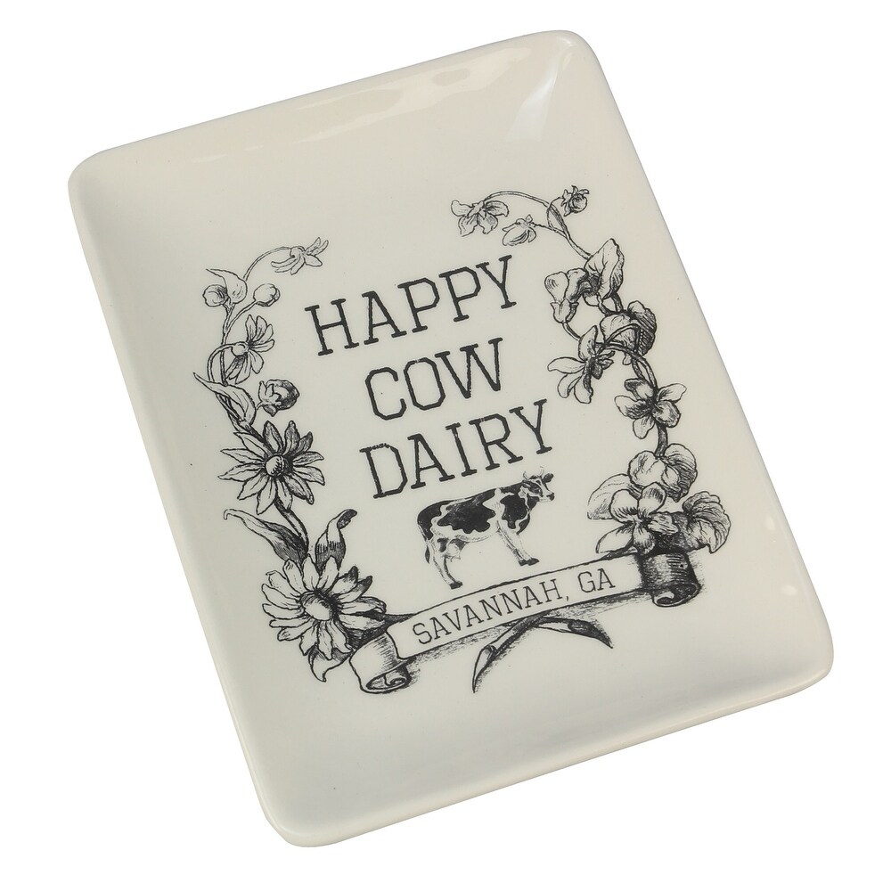 Happy Cow Dairy Farmhouse Trinket Dish Ceramic Paula Dean Decor   Cream Black