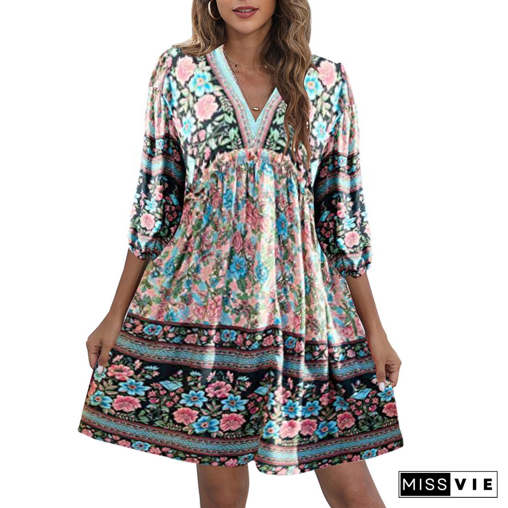 Bohemian Print V-neck Bubble Sleeve Big Swing National Style Dress Women's Wear