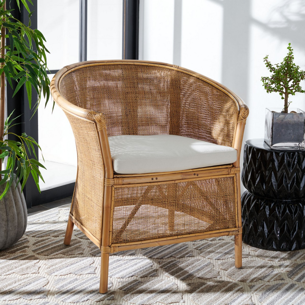 Lynn Rattan Accent Chair With Cushion Honey Brown Wash/White   Modern   Armchairs And Accent Chairs   by Virgil Stanis Design  Houzz