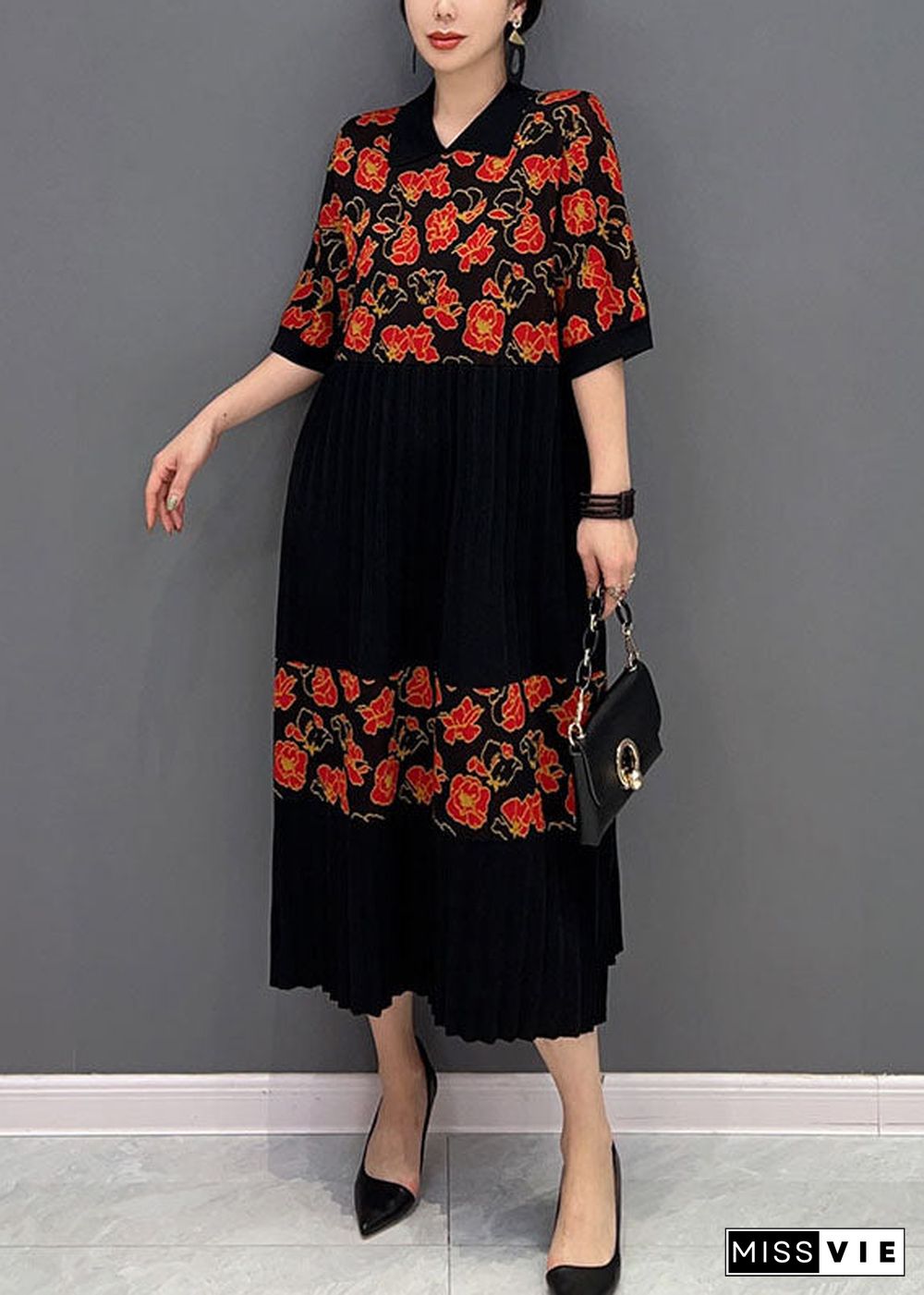 Red Patchwork Knit Pleated Dresses Turn-down Collar Print Summer