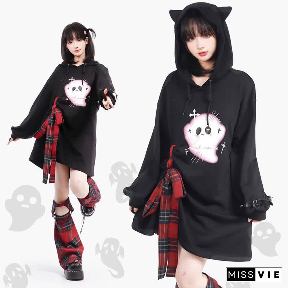 Ghost Print Draw String Car Ears Hooded Sweatshirt Daress