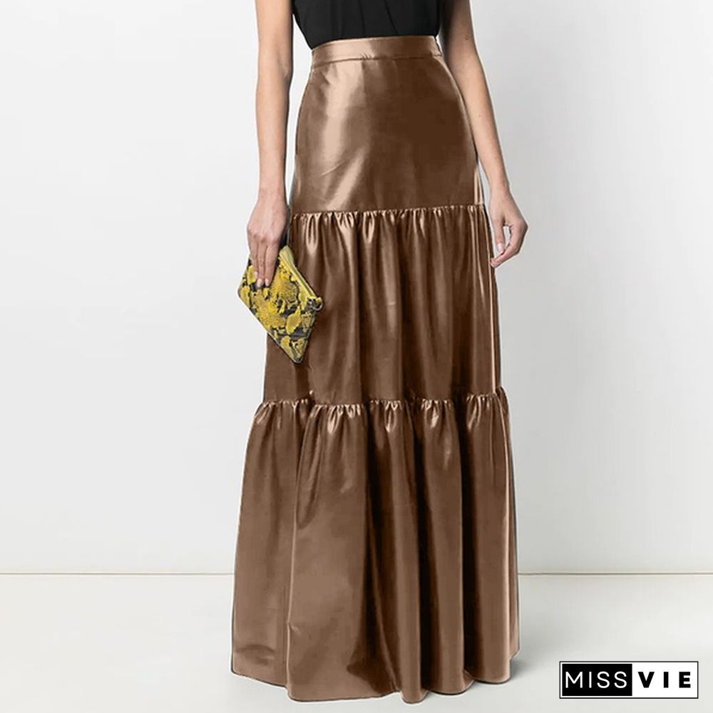 Plus Size Womens Leather Long Skirt Dress High Waist Party Casual Pleated Umbrella Maxi Skirt Saias S-5Xl