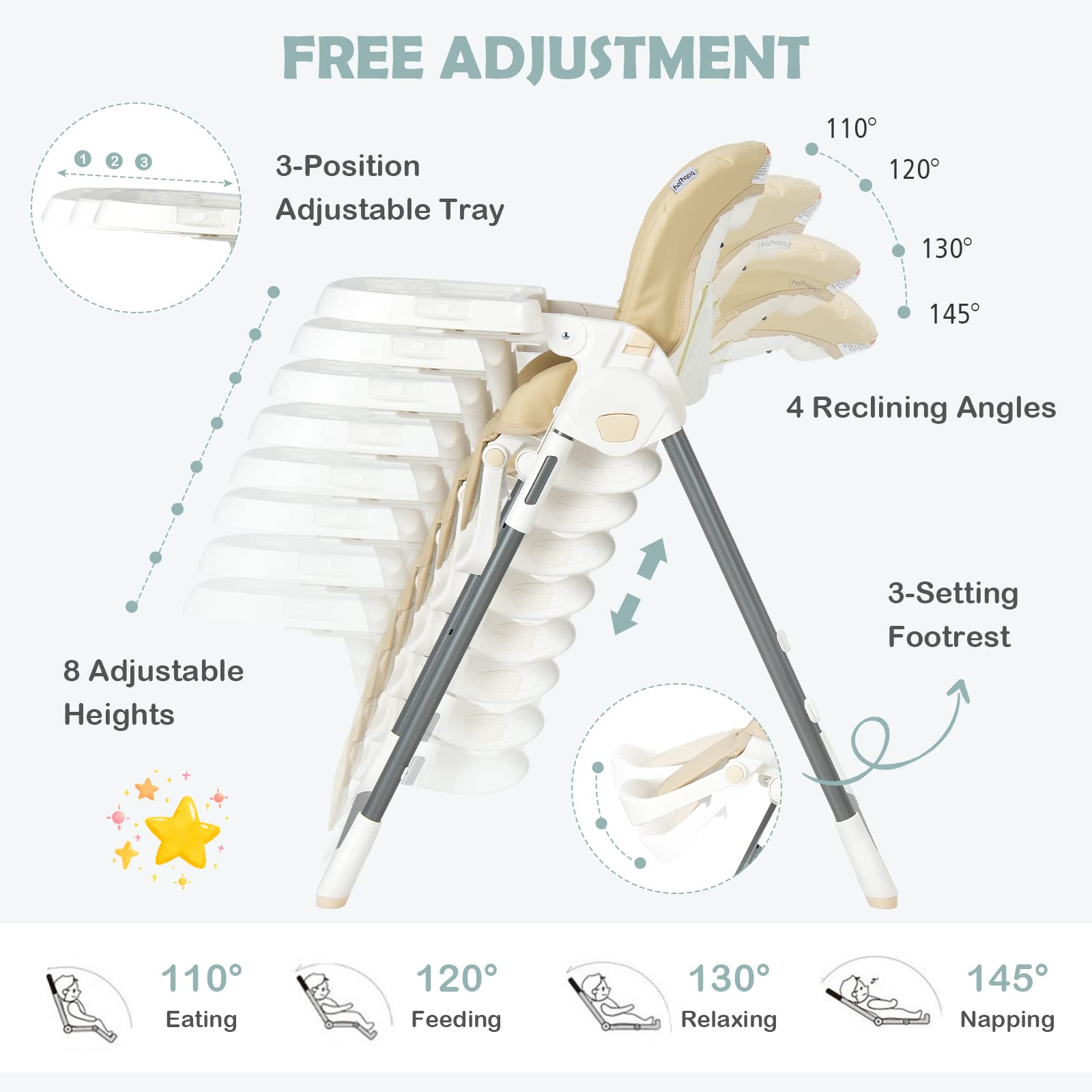 High Chair for Babies & Toddlers, Foldable High Chair w/ Adjustable Height/Backrest/Footrest