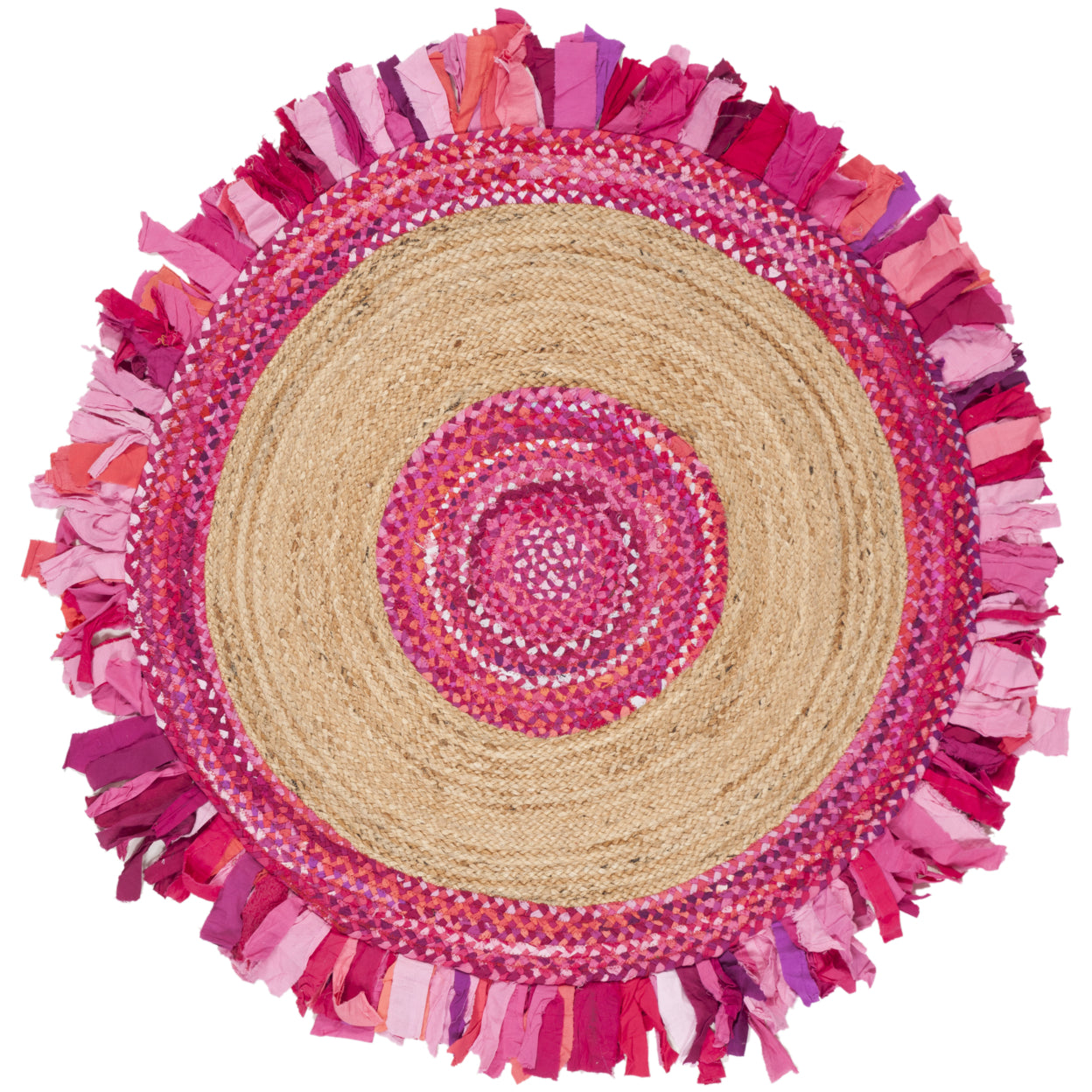 SAFAVIEH Cape Cod Susan Braided with Fringe Area Rug, 5' x 5' Round, Pink/Natural