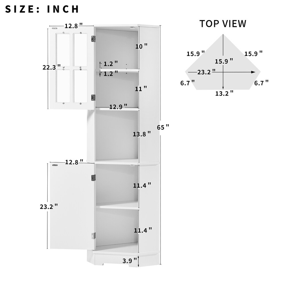 Tall Bathroom Storage Cabinet  Corner Cabinet with Glass Door  Open Storage  Adjustable Shelf