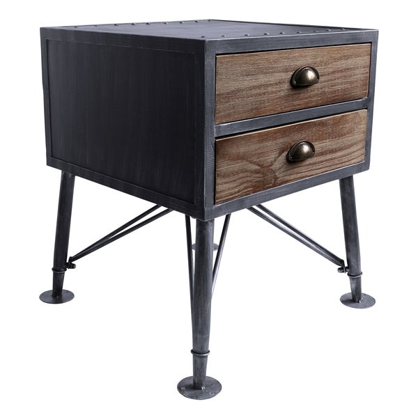 Armen Living Mathis Industrial 2-Drawer End Table in Industrial Grey and Pine Wood