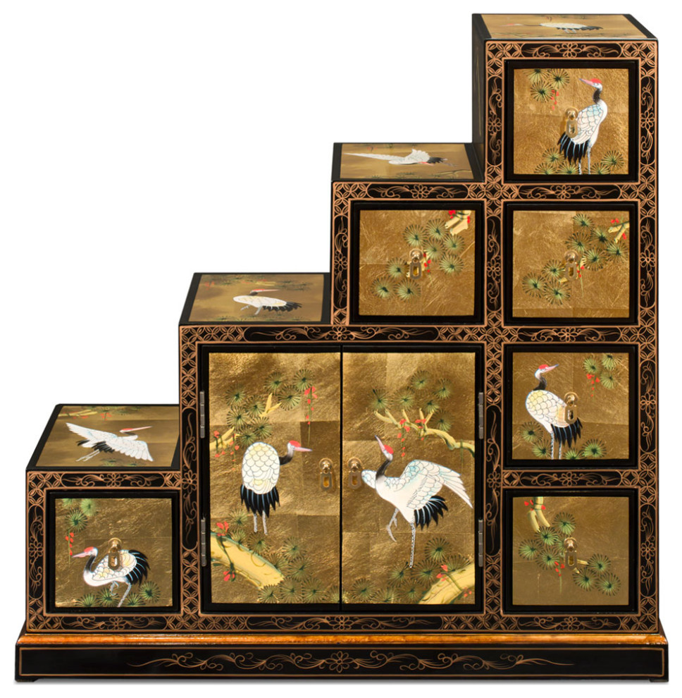 Gold Leaf Hand Painted Crane Motif Japanese Step Tansu Cabinet   Asian   Accent Chests And Cabinets   by China Furniture and Arts  Houzz