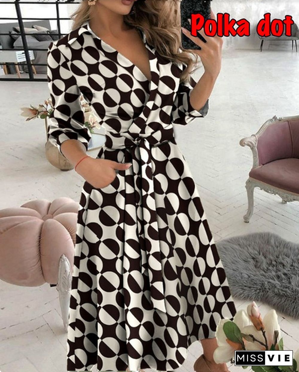 Fashion V-neck Print Dress Summer Casual Dress Belt Lace Up Party A Line Prom Dress Long Sleeve Ladies Tunic Dress